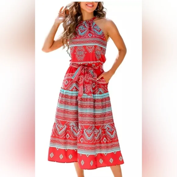 Cupshe Vibrant Red and Blue Patterned Midi Dress (B1) - Picture 1 of 9